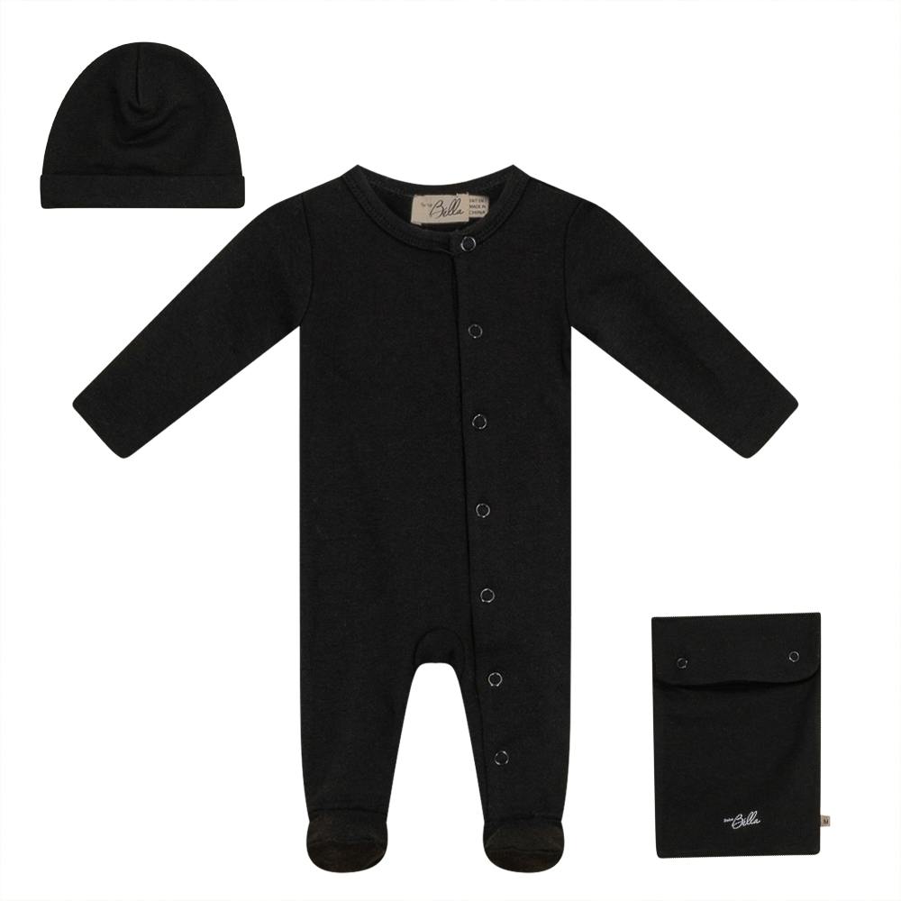 Knitted Front Opening Long Sleeve Romper, Hat, and Pouch Three Piece Set