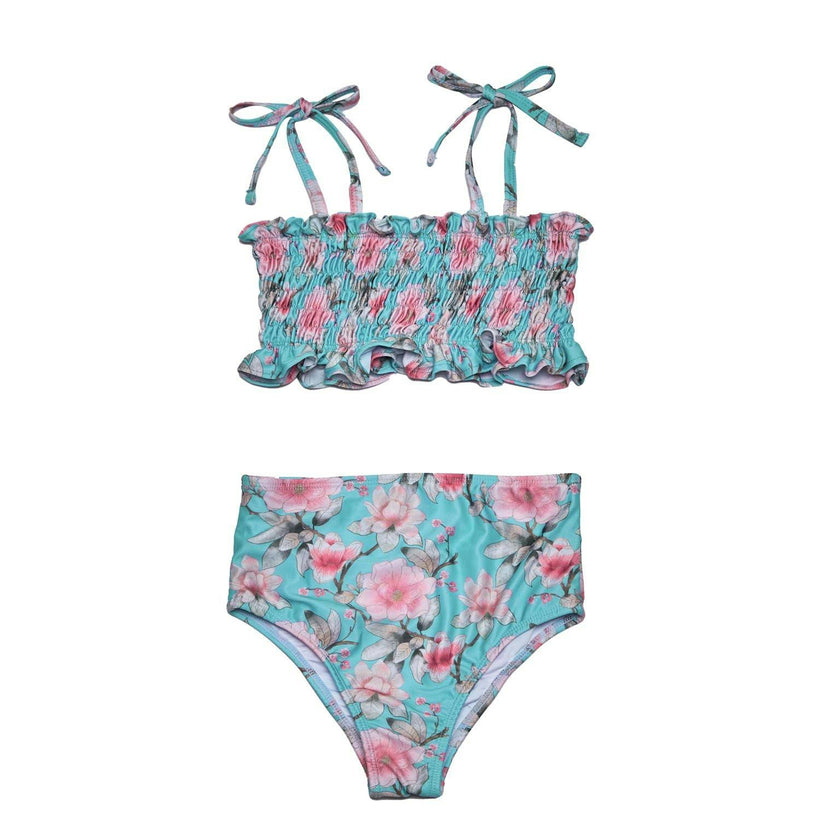 Girls Ruched Bikini Set – Adjustable Straps & High-Waisted Bottoms (Meadowlight)