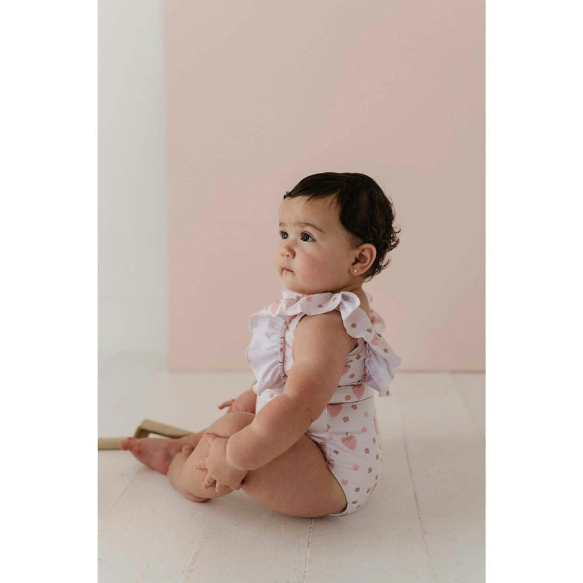 Girl's Ruffle Sleeve Cross Back Swimsuit