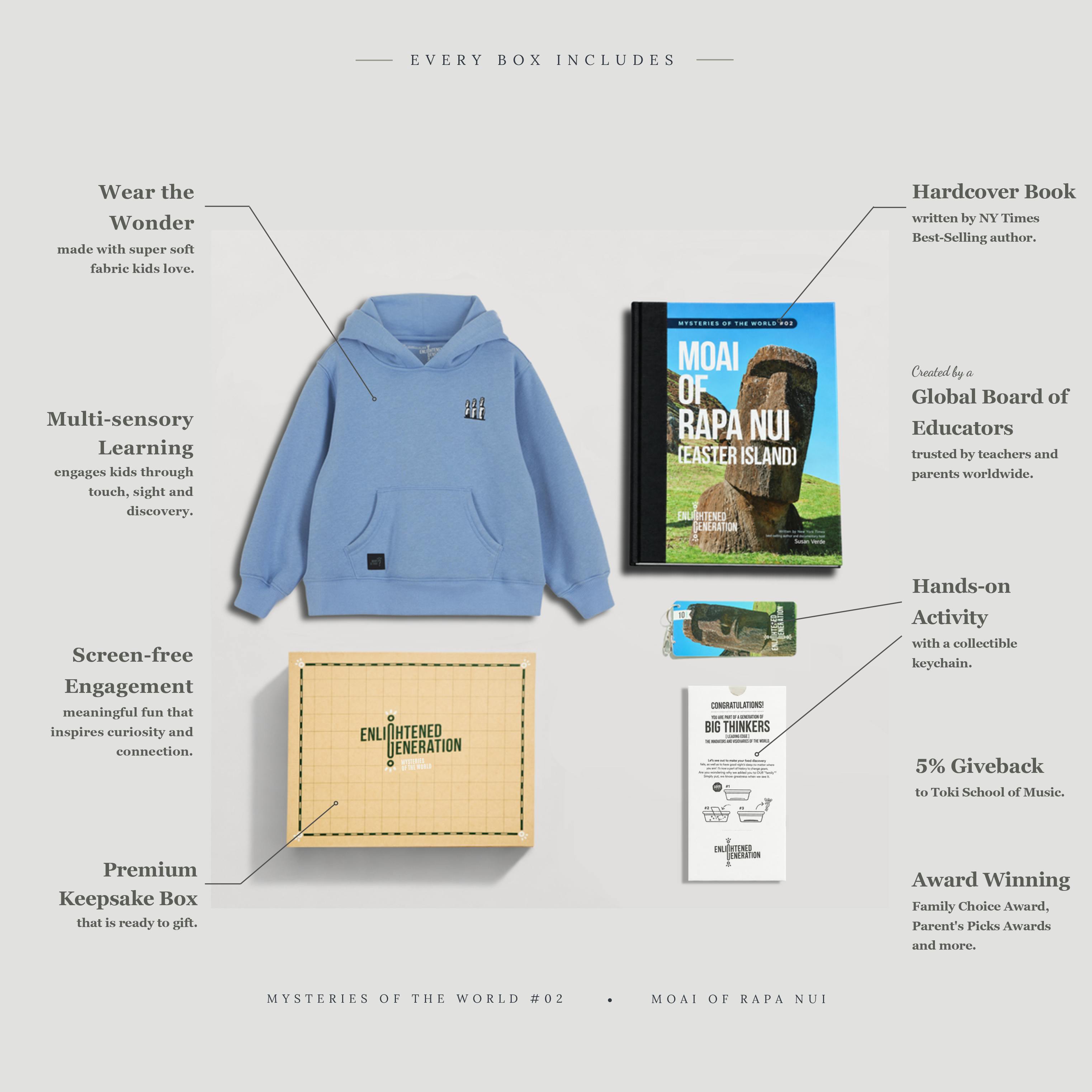 Moai Ancient Wonders Gift Box with Embroidered Kids Hoodie, Book, and Activities