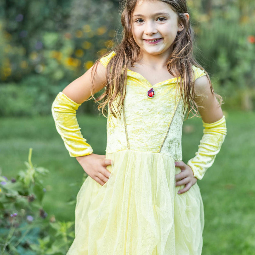 Velvety Soft Yellow Princess Gown with Arm Warmers