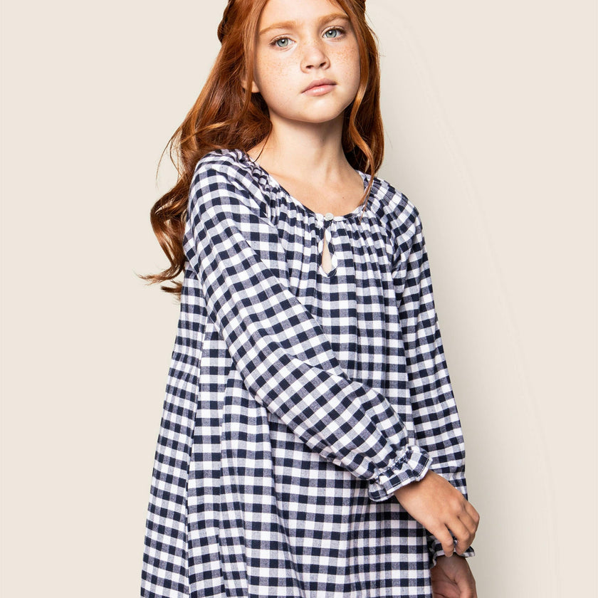 Girl's Flannel Delphine Nightgown in Navy Gingham
