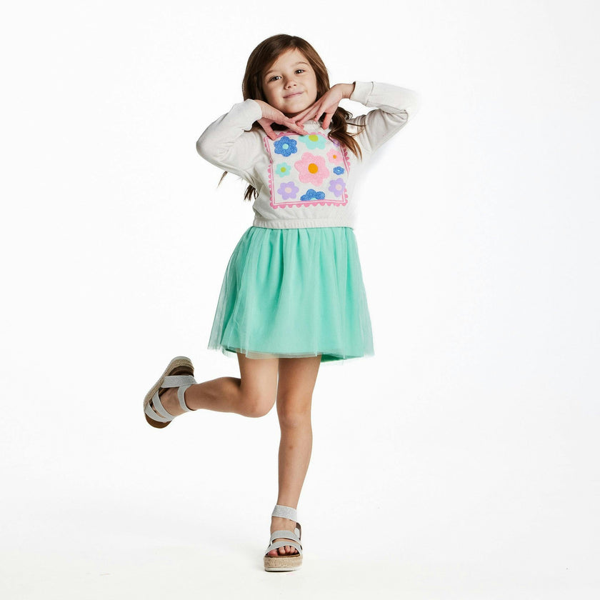 Girls Chenille Floral Sweatshirt & Tulle Tank Dress Set | Aqua