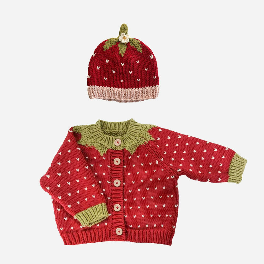 Cotton Strawberry Cardigan and Hat Set - Red