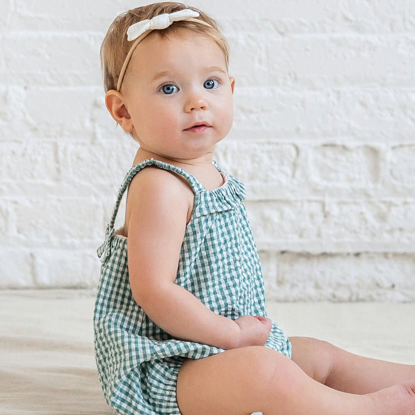 Rosalie Seersucker Ruffle Bubble Romper - Laguna Gingham