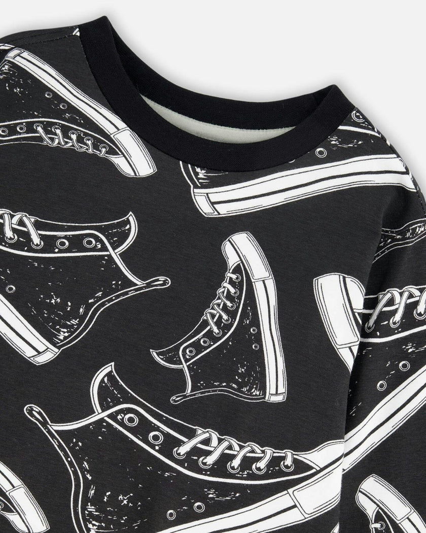 Long Sleeve Organic Cotton Allover Print Tee Black