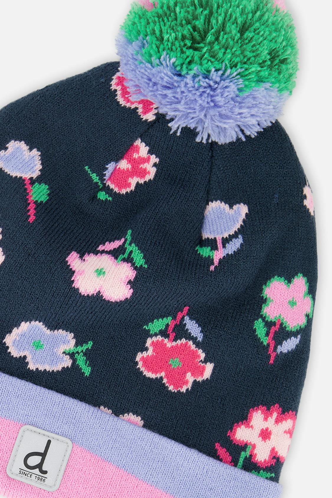 Winter Knit Hat With Pompom Blue Floral Print