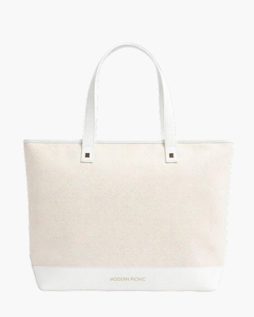 Vegan Leather Work Tote Bag with Removable Insulated Pouch, White Canvas