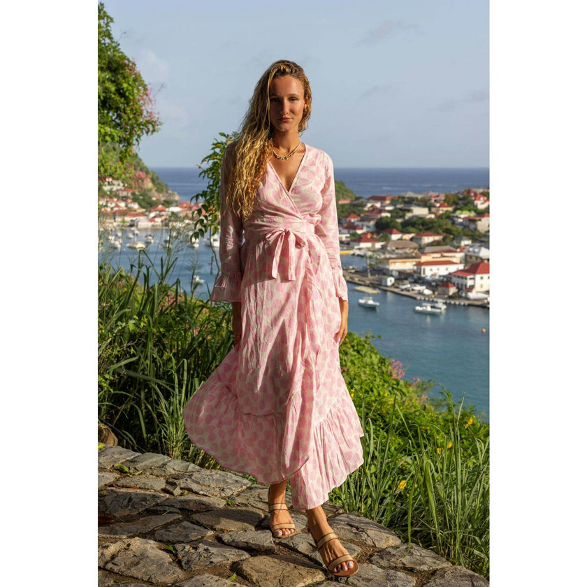 Genevieve Women's Ruffle Wrap Dress Shell Beach Pink, Pink