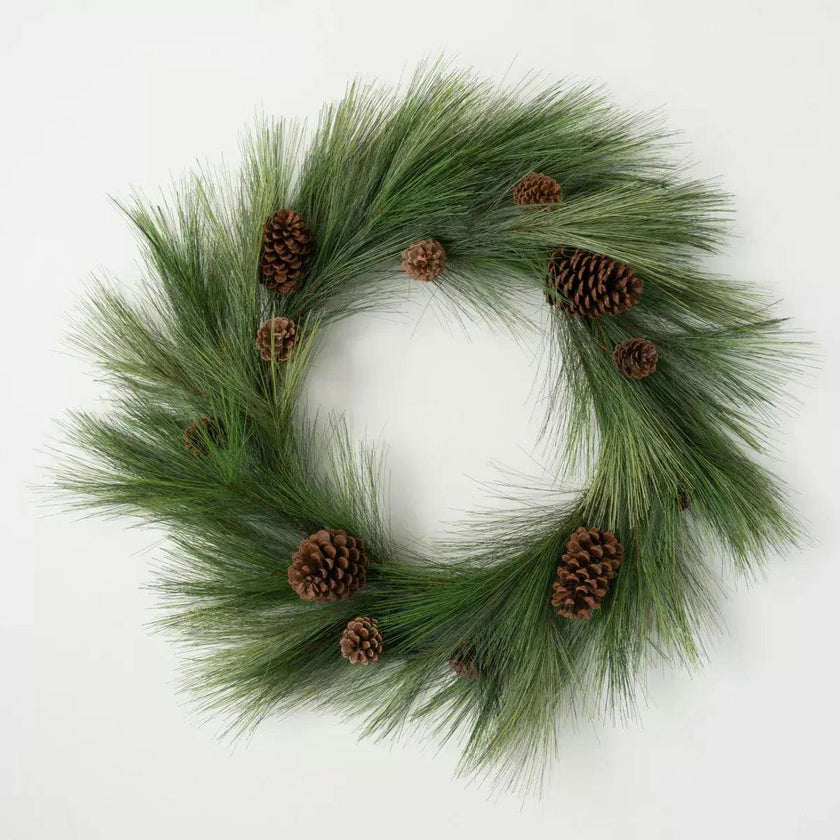 Deluxe Long Needle Pine & Pinecone Faux Winter Greenery Front Door Mantel Wreath