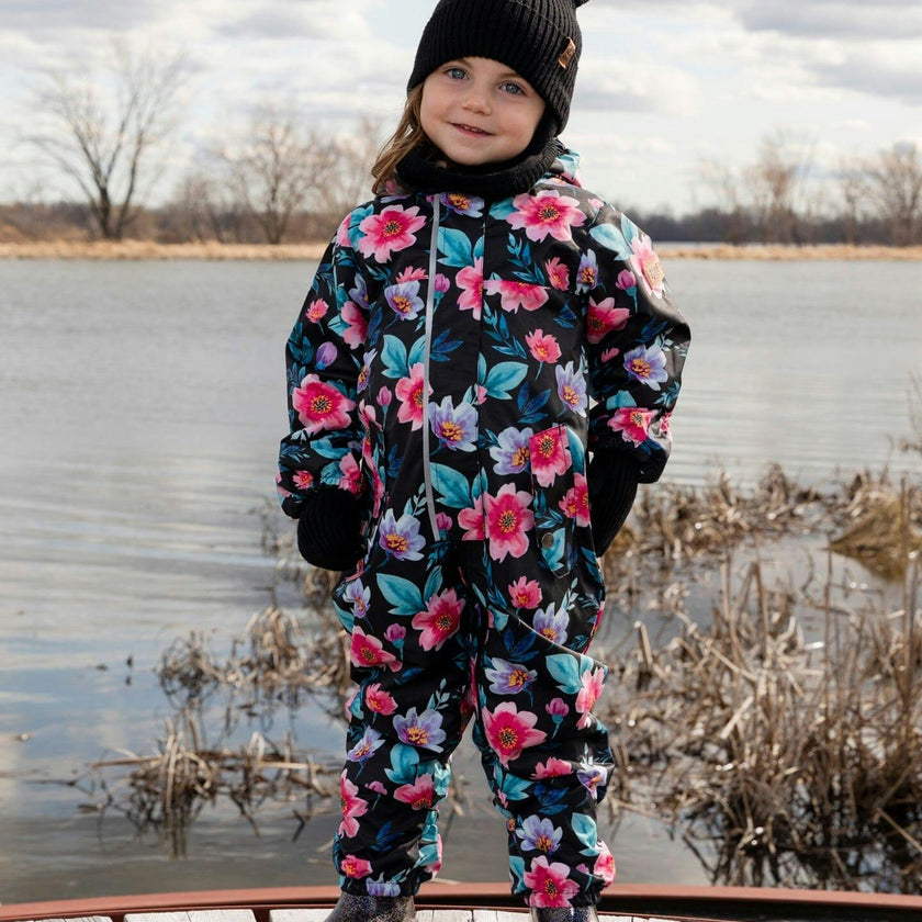 Baby Mid-Season One-Piece Outerwear With Hat Black Printed Flowers