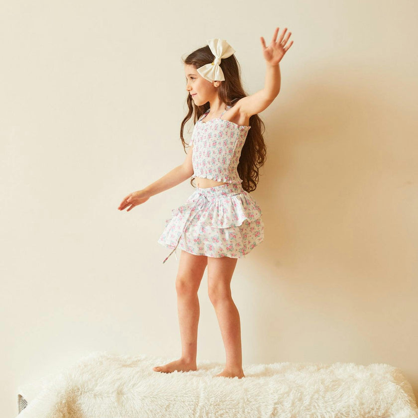 Georgia Romantic Rose White With Pink Satin Smocked Top