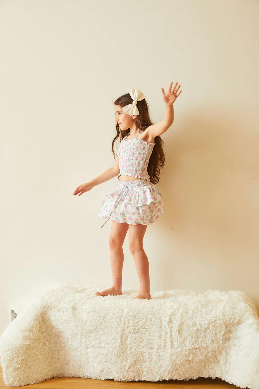 Georgia Romantic Rose White With Pink Satin Smocked Top