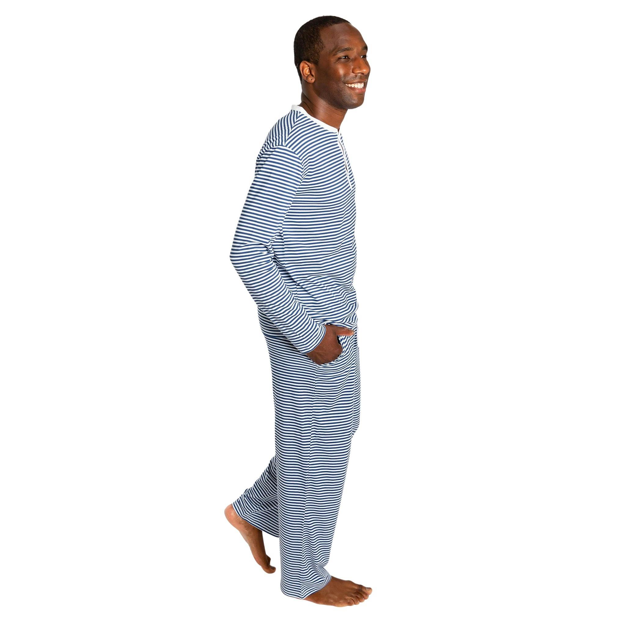 Men's Marina Jersey Long Knit Henley - Navy Stripe Organic Stretch Cotton