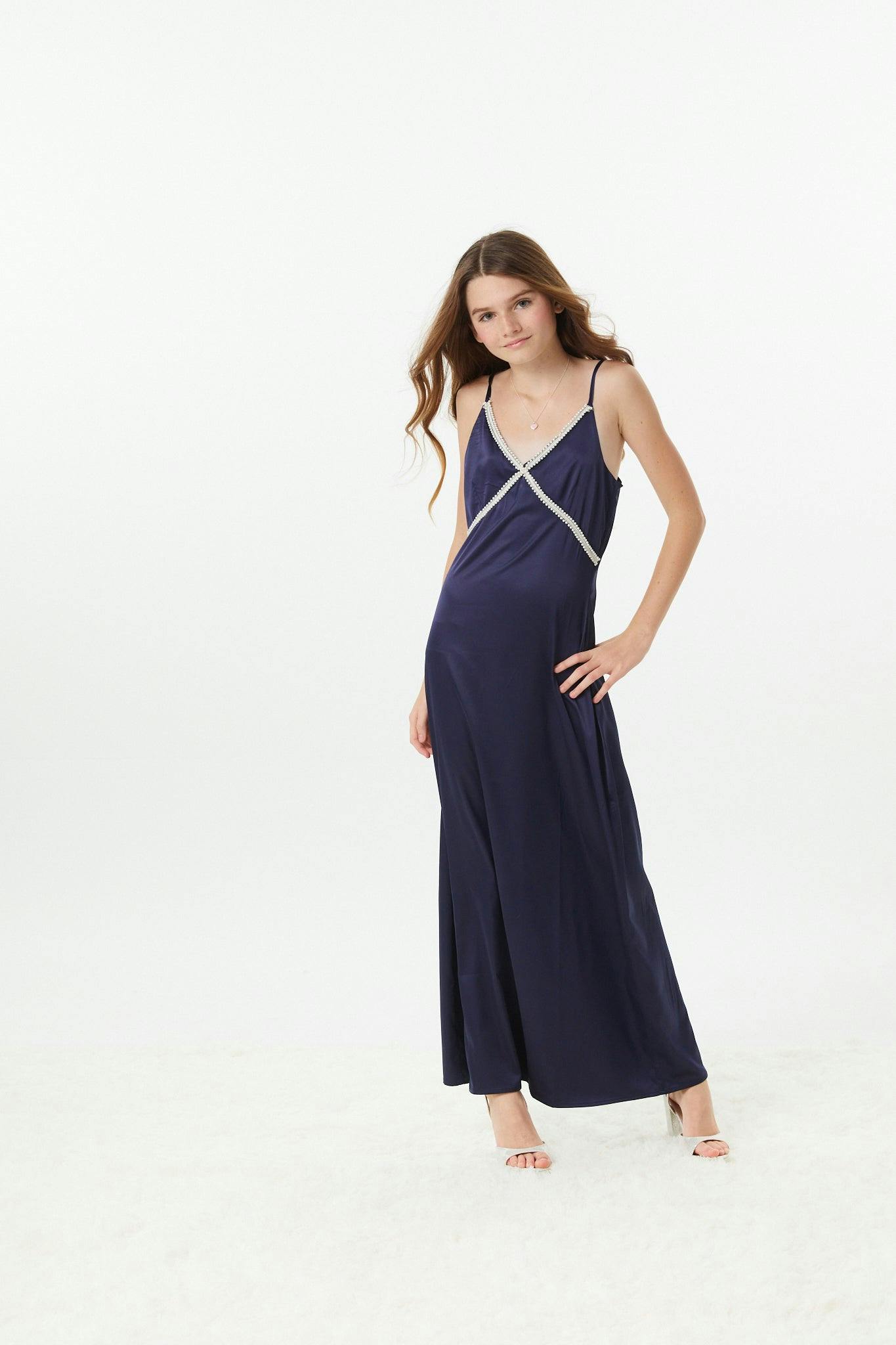 Miller Navy Satin Maxi Dress With Lace Trim