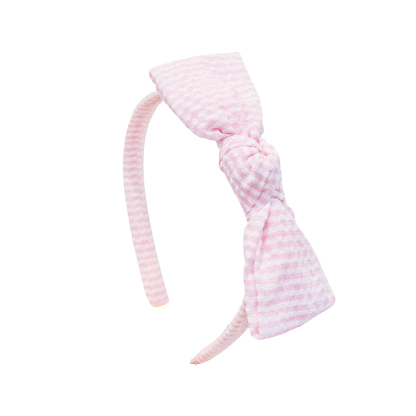 Seersucker Bow Headband in Pink/White