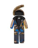 Kids One Piece Play Snowsuit Grey And Blue Dinosaur Print