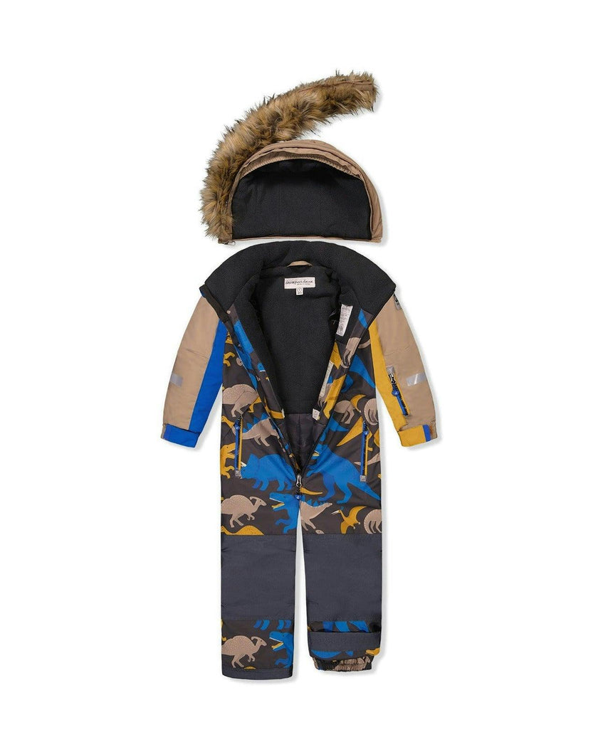 Kids One Piece Play Snowsuit Grey And Blue Dinosaur Print