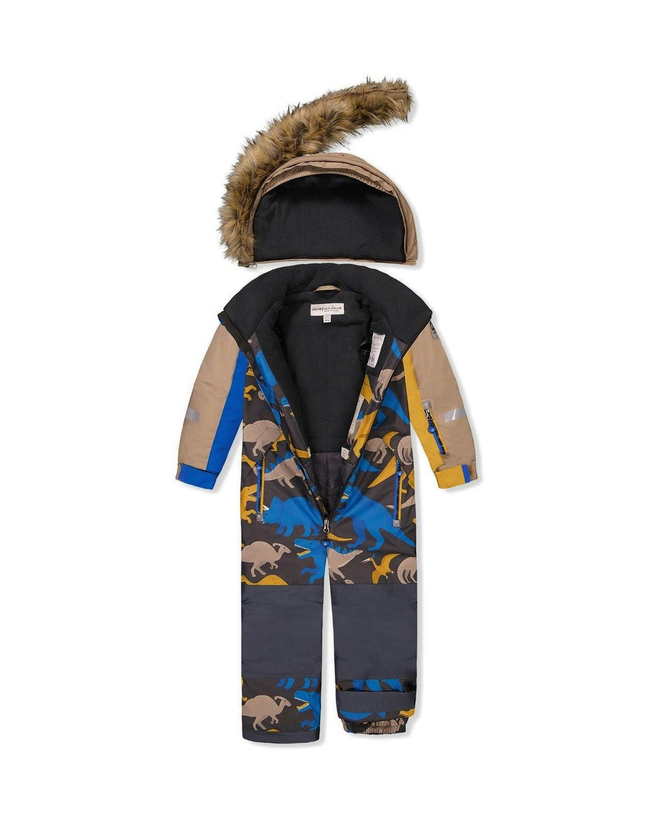 Kids One Piece Play Snowsuit Grey And Blue Dinosaur Print