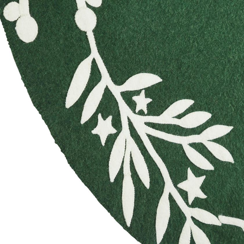 Handmade Felt Cream Branches and Stars Green Christmas Tree Skirt 60"