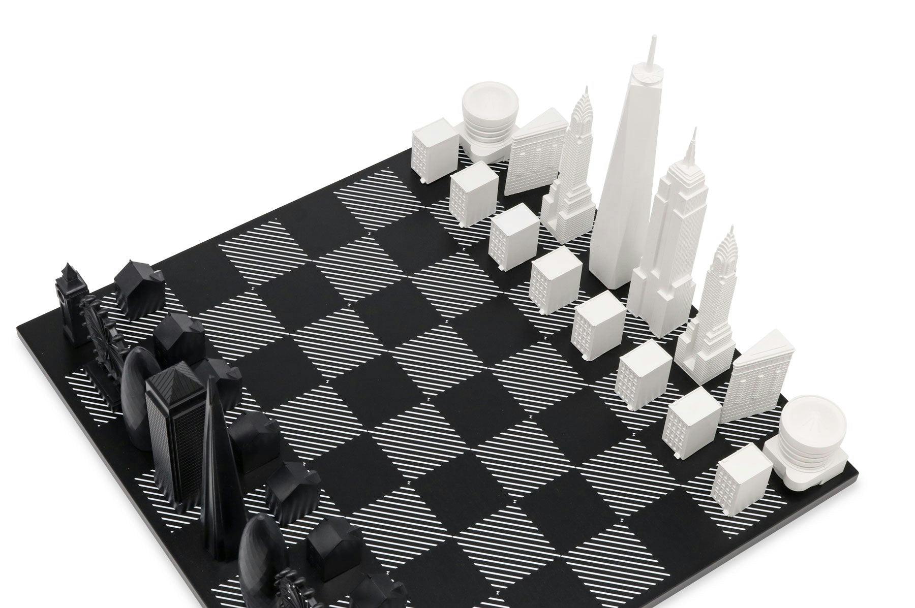 Chess Set Acrylic LONDON vs NEW YORK with B/W Hatch Board