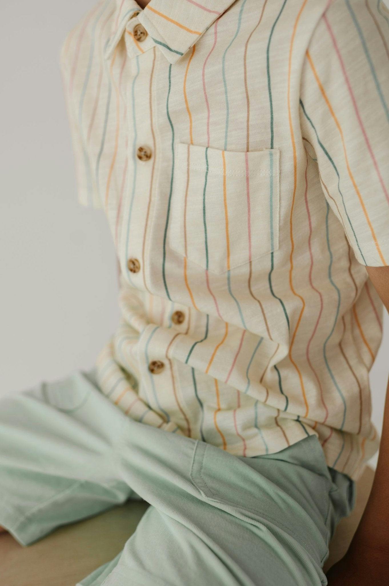 Boys Collar Button Shirt in Vintage Rainbow Stripe