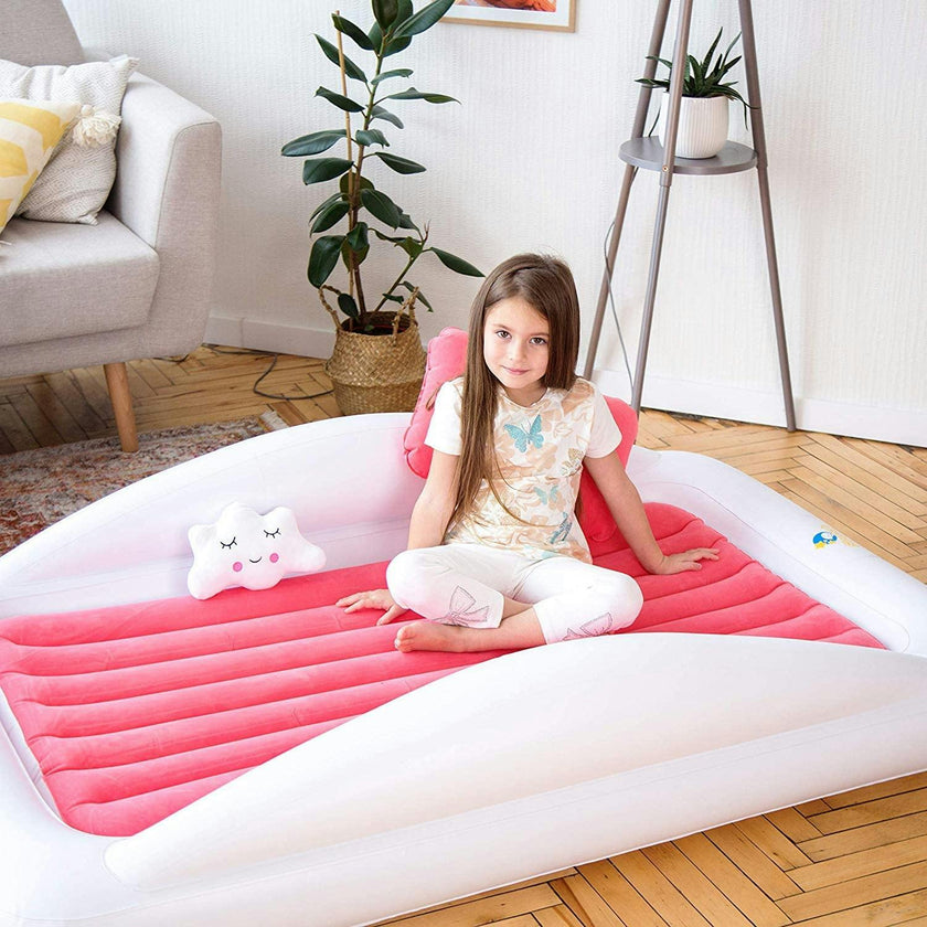 Inflatable Toddler Travel Bed – Kids Blow Up Air Mattress + Safety Bumpers