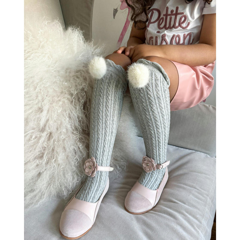 Grey Knee High Socks with Poms