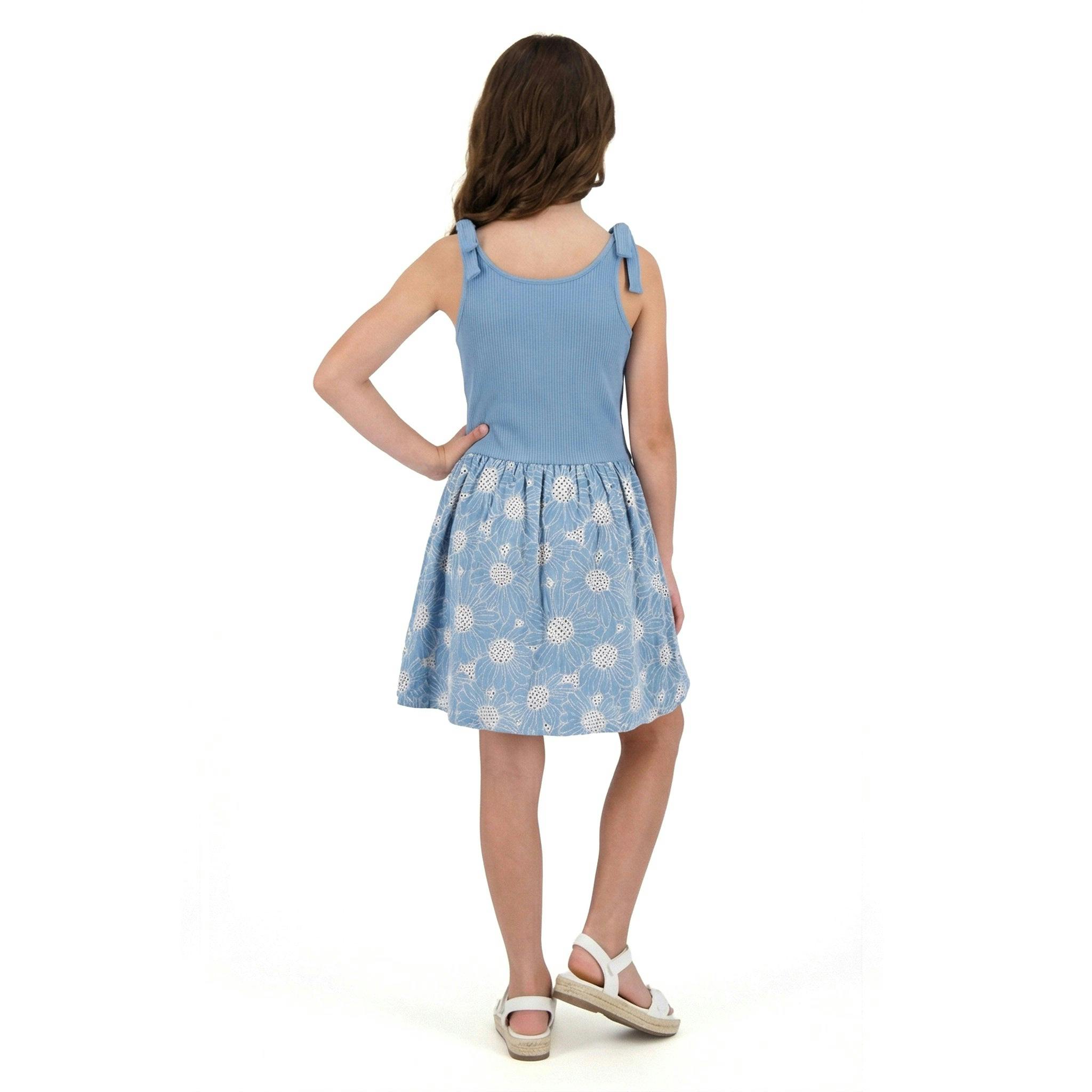 Tween Girls Rib Knit Bow Shoulder Dess | Floral Eyelet