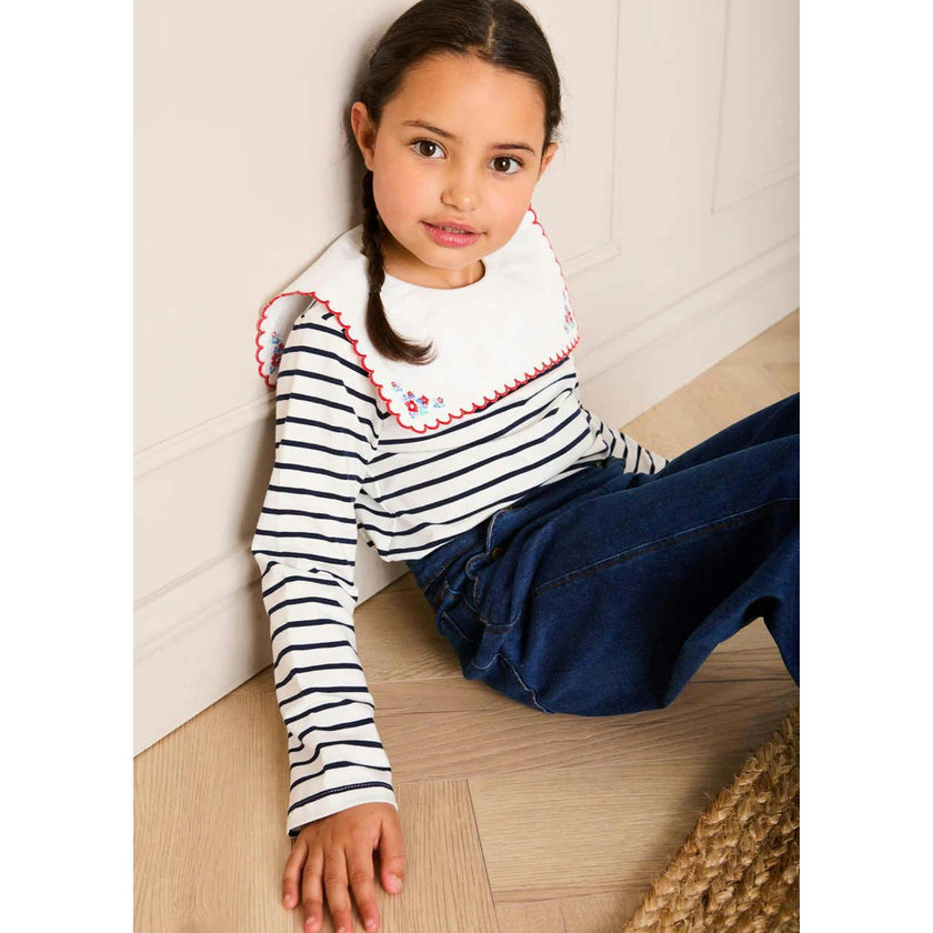Sailor Stripe Floral Embroidered Mariner Collar Top in White (2-12yrs)