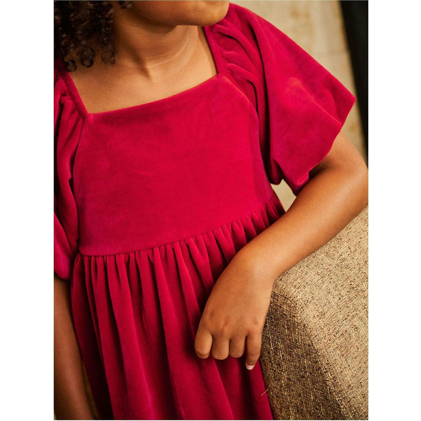 Puff Shoulder Velour Dress, Red