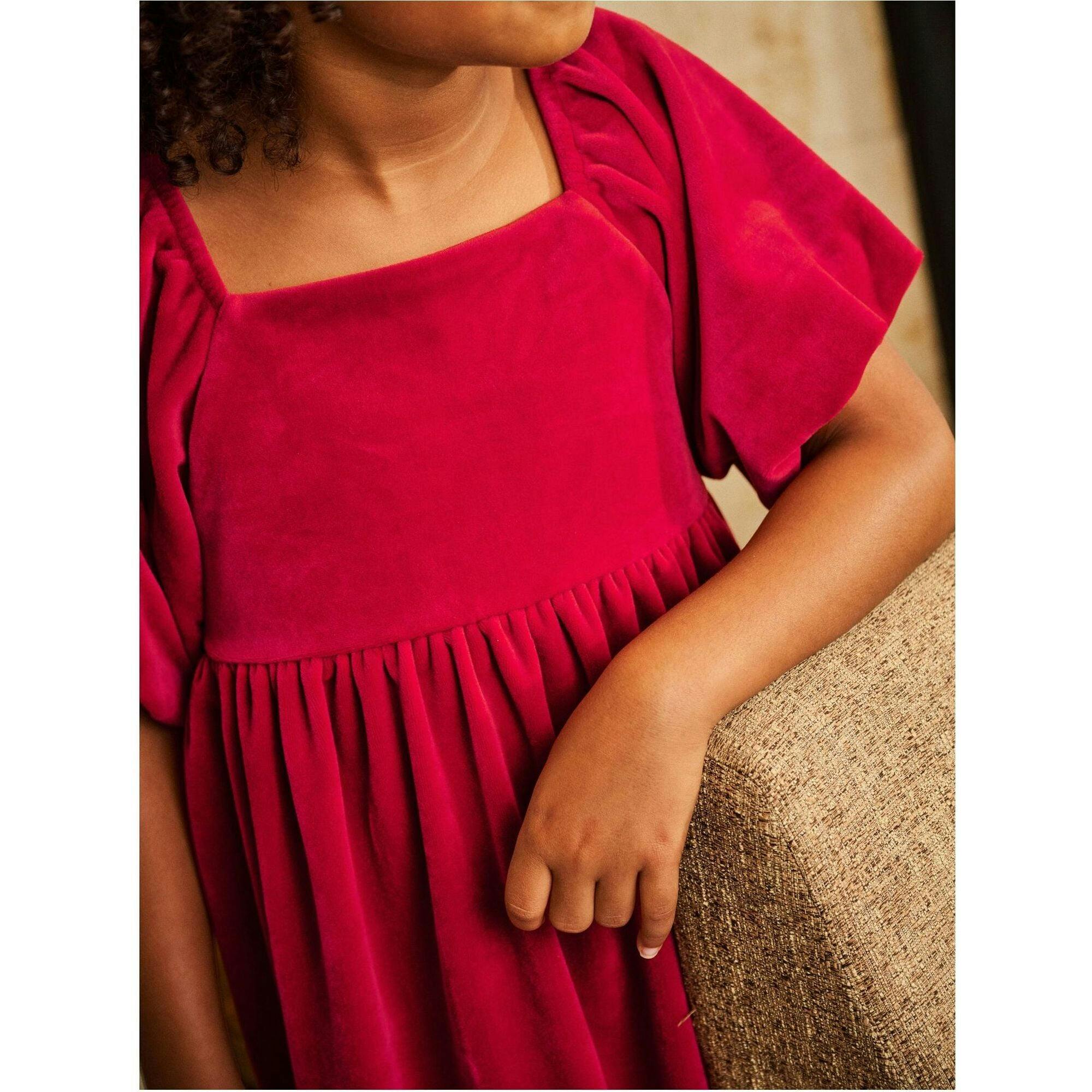 Puff Shoulder Velour Dress, Red