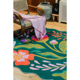 Green Base Pink Floral Wavy Rug by Jessica Miller