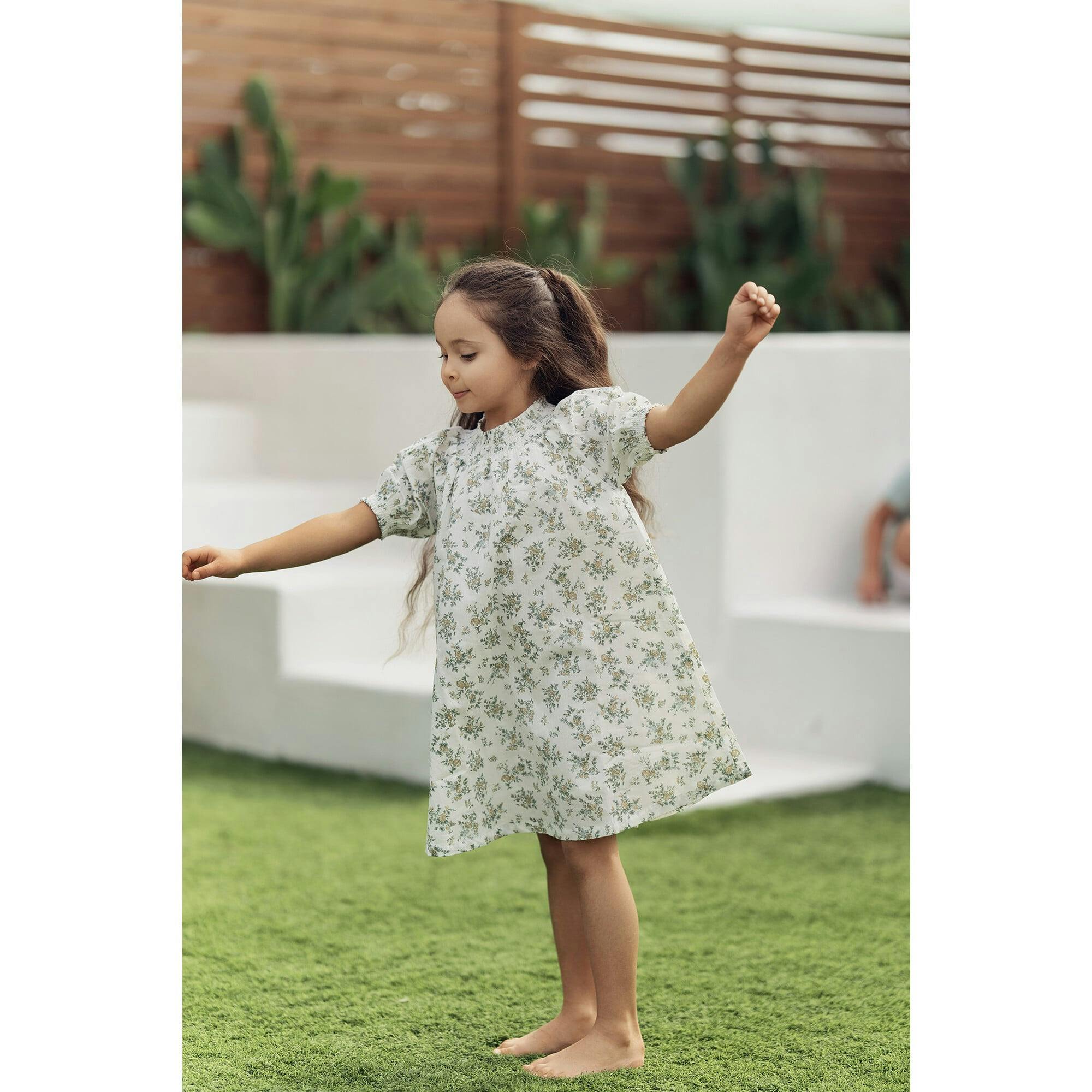 Smocked Floral 3-Quarter Sleeve Dress