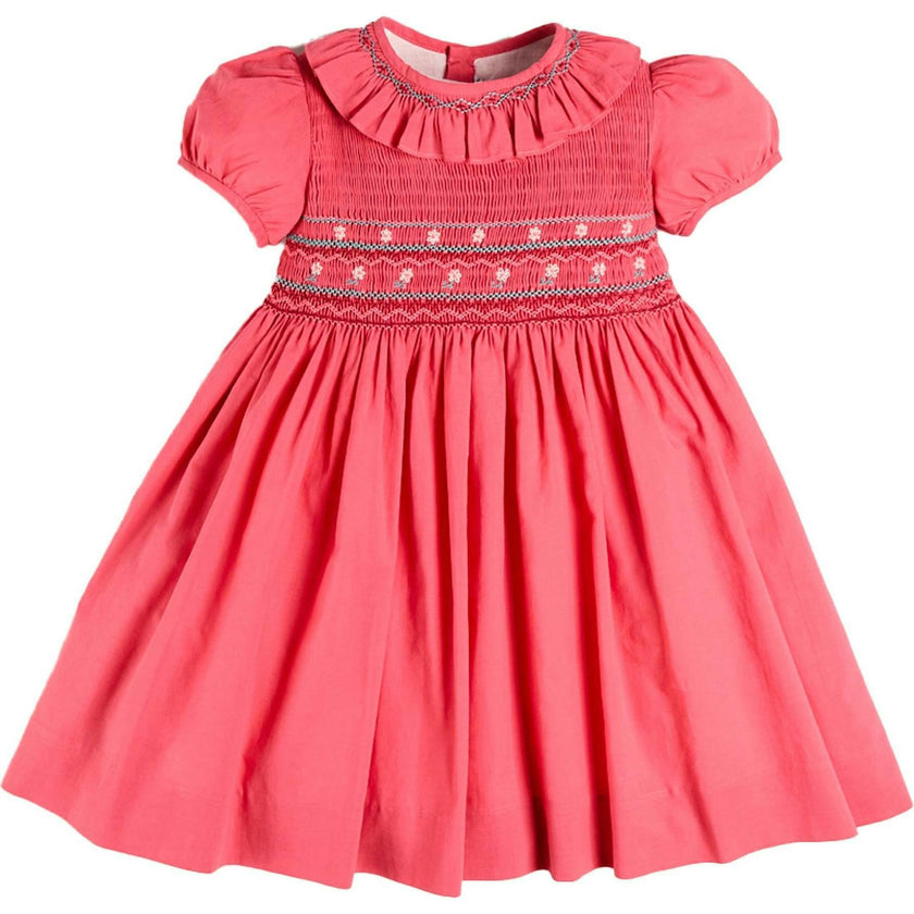 Hand Smocked Flower Embroidered Dress in Strawberry (12mths- 10yrs)