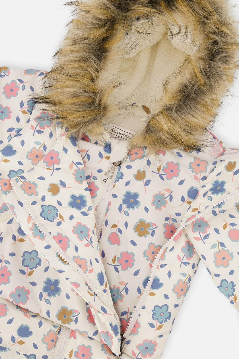 Baby Snug One Piece Snowsuit Adapted For Car Seats White With Floral Print