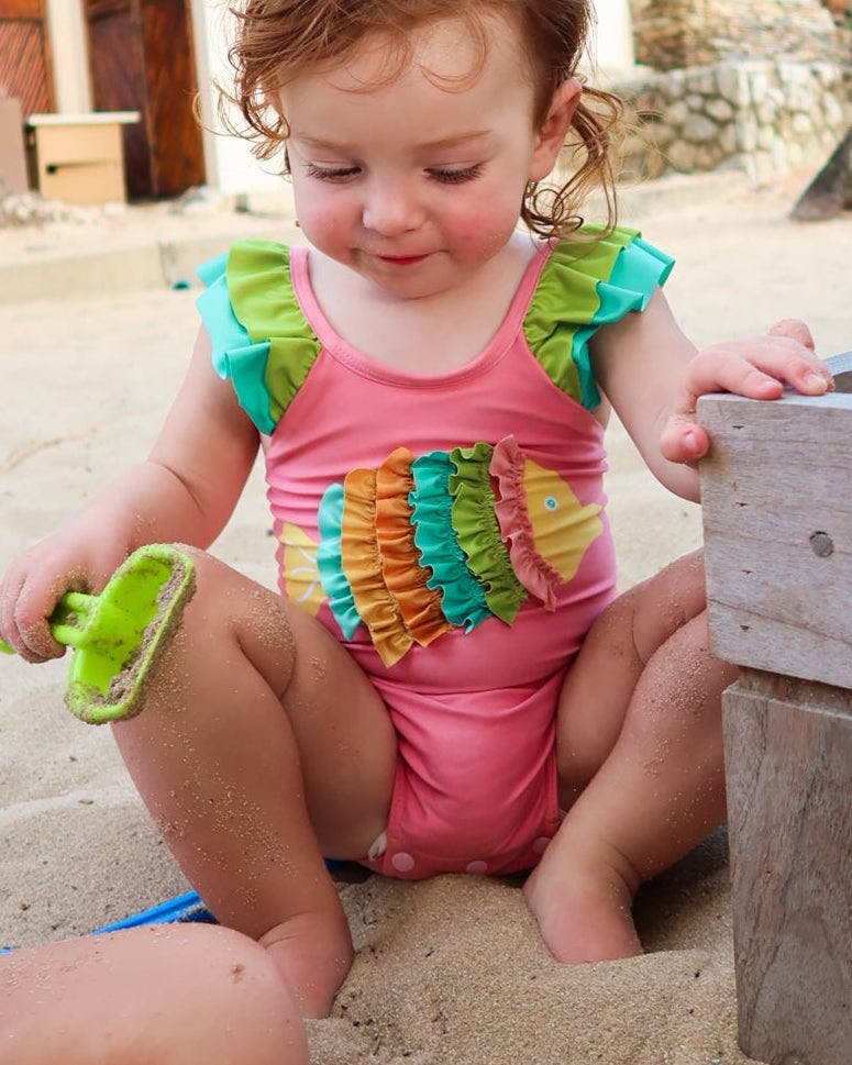 The Coral Reef Ruffle - Little Girls Pink Fish One Piece