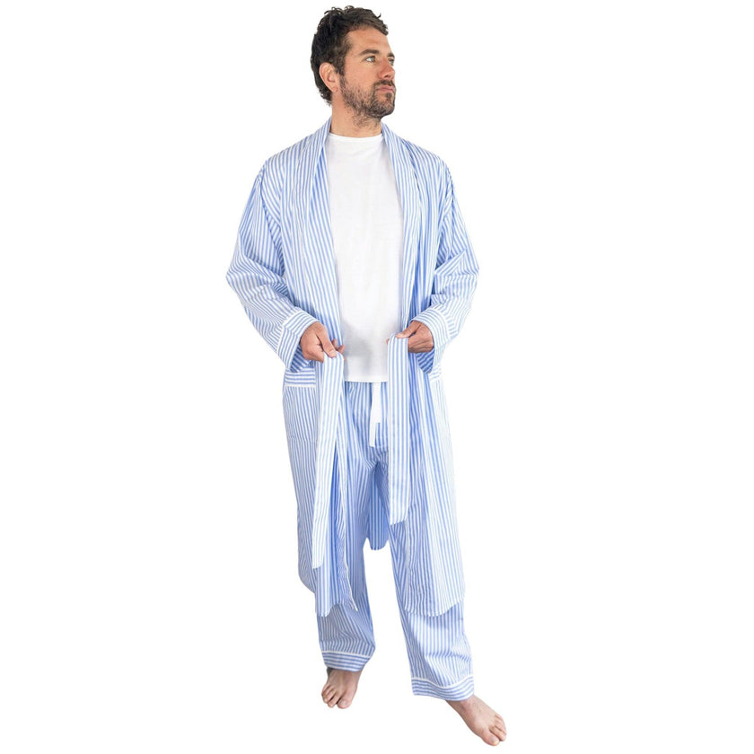 Men's Braddock Classic Robe - Blue Stripe Organic Cotton Poplin