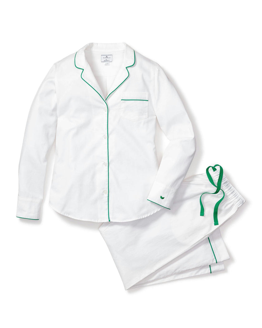 Women's Twill Pajama Set in White with Green Piping