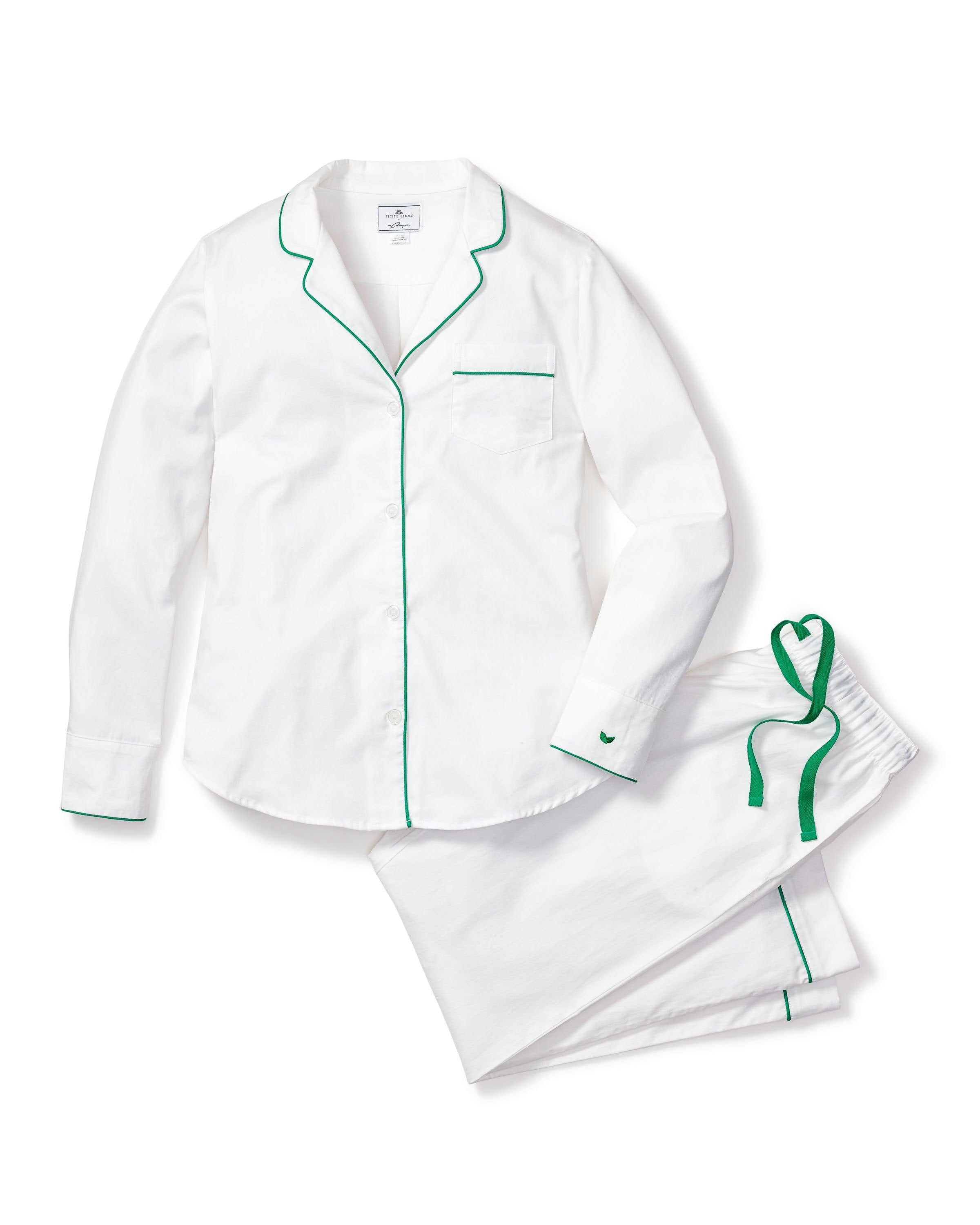 Women's Twill Pajama Set in White with Green Piping