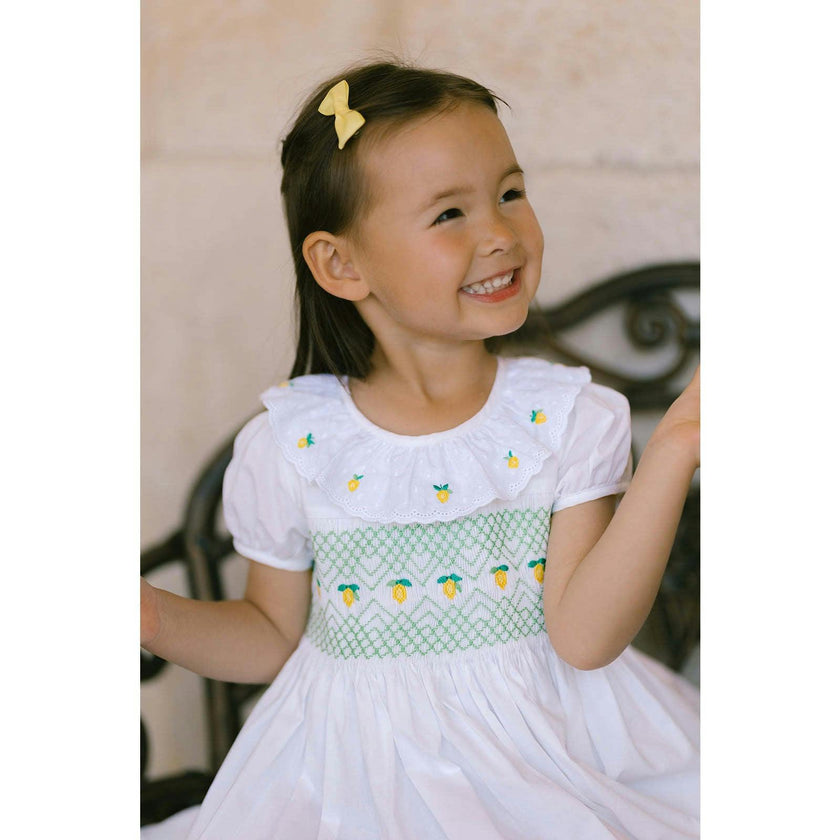 Victoria White Smocked Dress with Hand-Embroidered Lemons