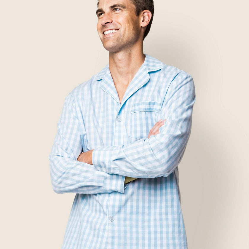Men's Twill Pajama Set in Light Blue Gingham