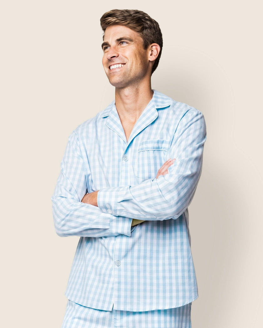 Men's Twill Pajama Set in Light Blue Gingham