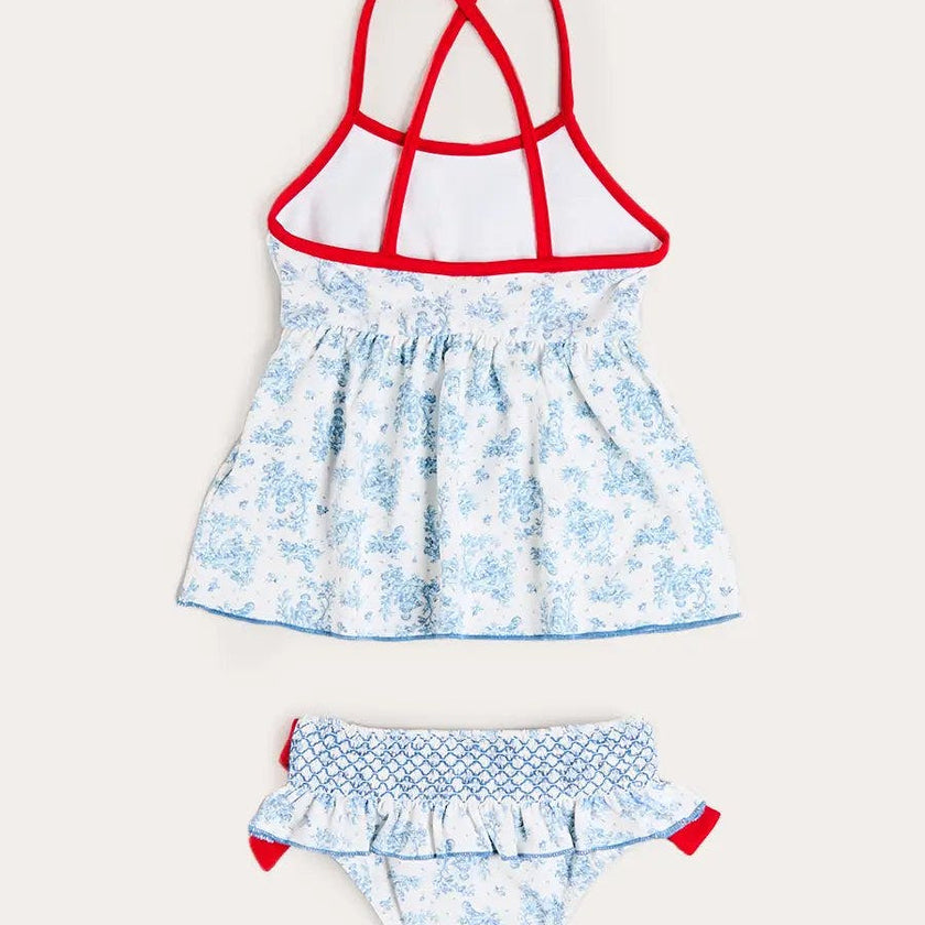 Audrey Toile Bow Detail Smocked Two Piece Swimsuit in Blue (12mths- 10yrs)