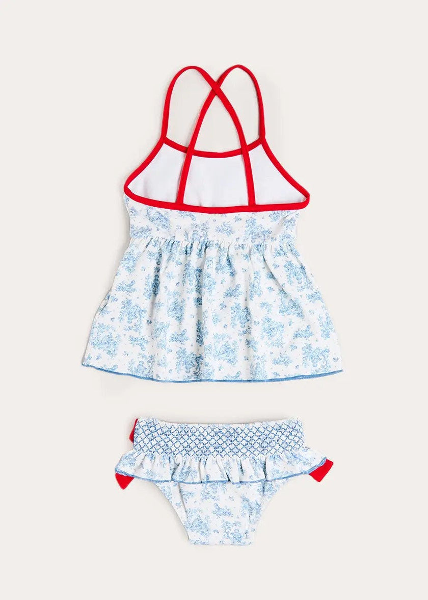 Audrey Toile Bow Detail Smocked Two Piece Swimsuit in Blue (12mths- 10yrs)