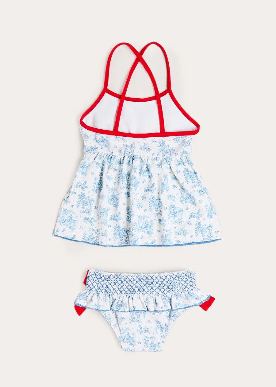 Audrey Toile Bow Detail Smocked Two Piece Swimsuit in Blue (12mths- 10yrs)