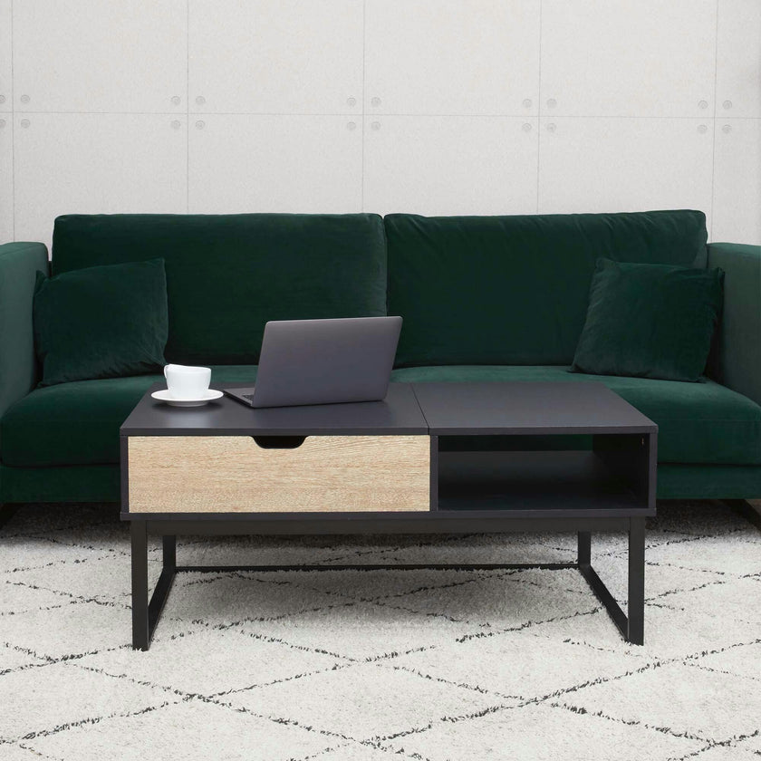 Bryson Two-Tone Natural Wood Grain Color with Manual Lift and Lower Top Coffee Table Desk with Open Storage and Metal Legs