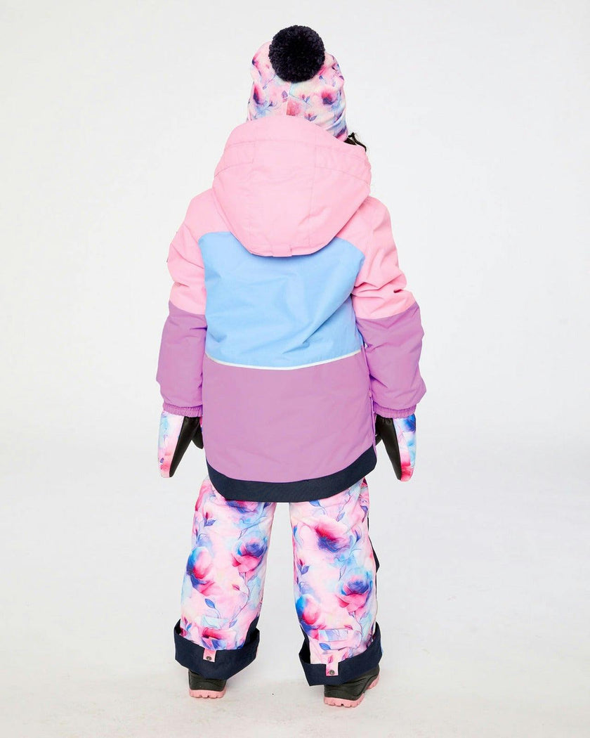 Two Piece Play Snowsuit Pink And Purple Colorblock With Watercolor Floral Print Pants
