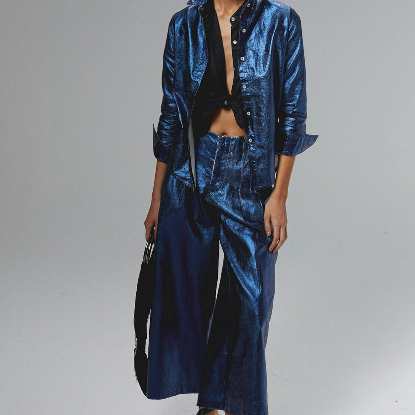 San Marino Metallic Linen Shirt - Dark Blue