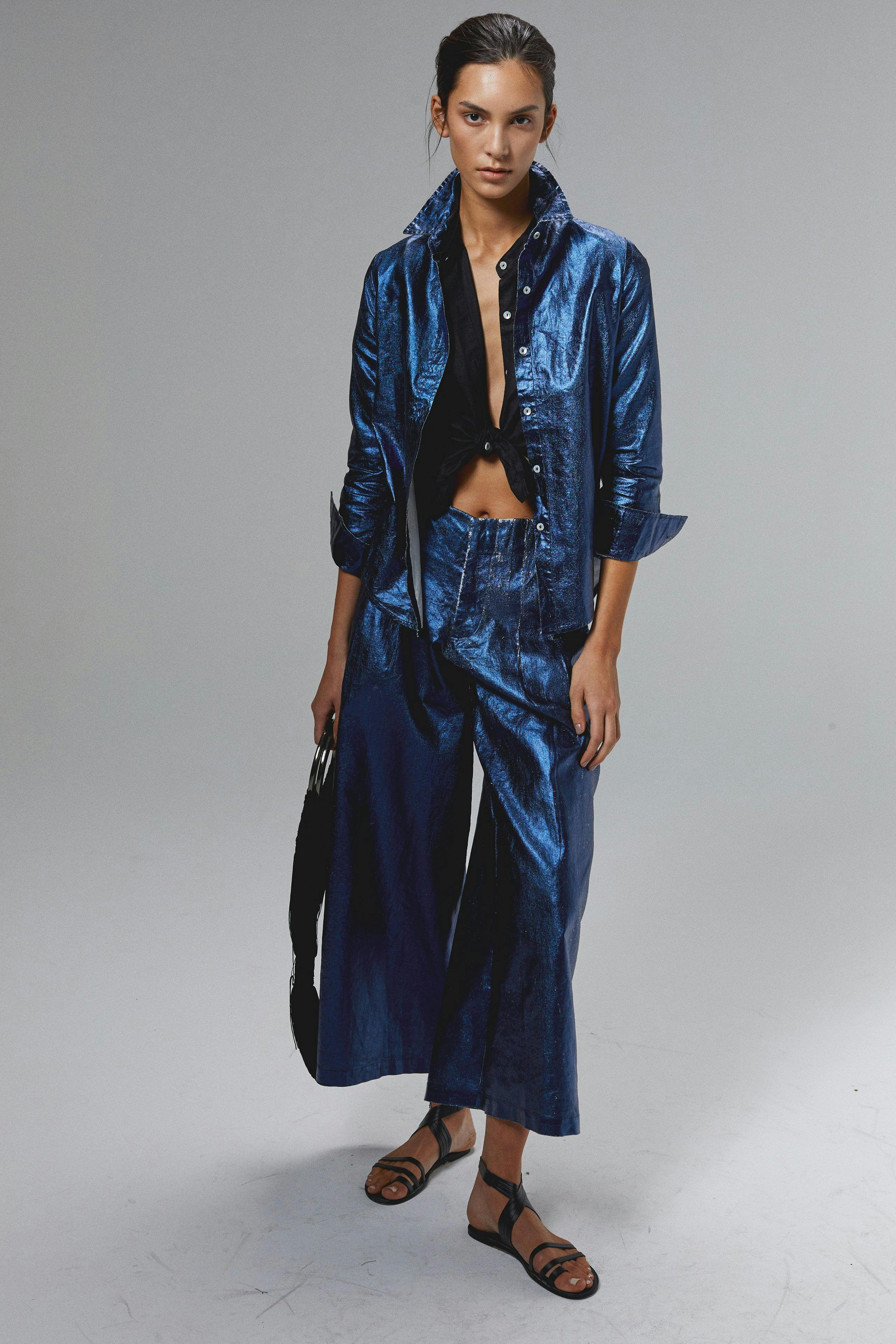 San Marino Metallic Linen Shirt - Dark Blue